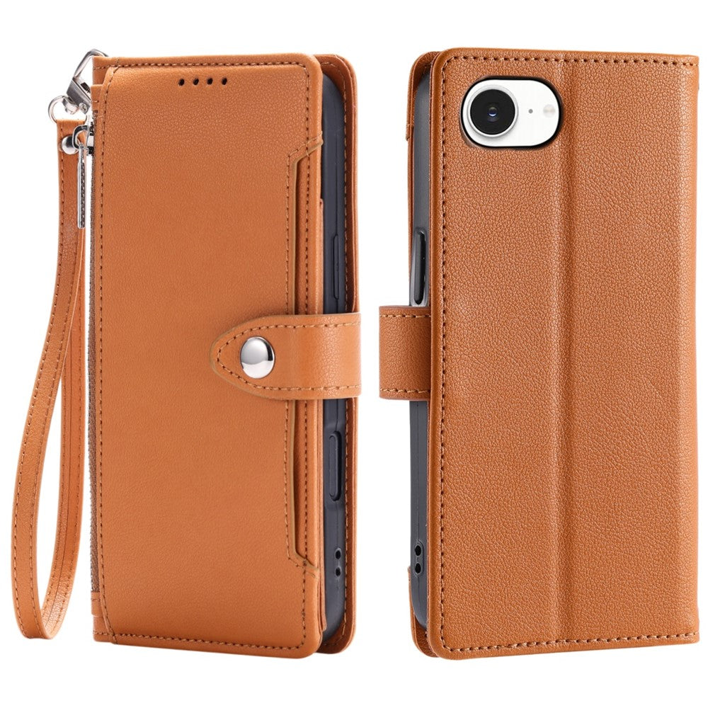 Wallet Case for iPhone SE (2022) / SE (2020) / iPhone 8 / 7 Litchi Texture Zipper Pocket Stand Leather Flip Phone Cover with Wrist Strap