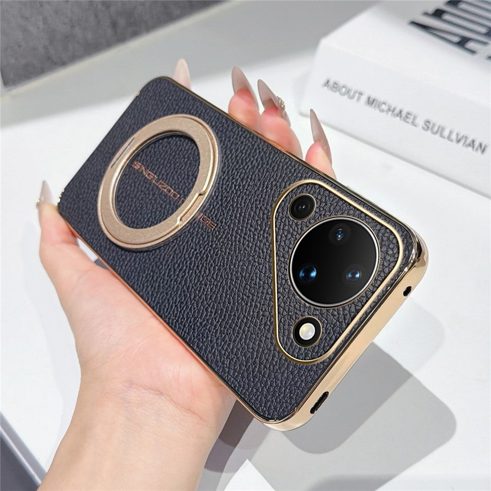 For Huawei Pura 90 Magnetic Case Litchi Pattern TPU PU Cover with Electroplated Metal Ring Kickstand