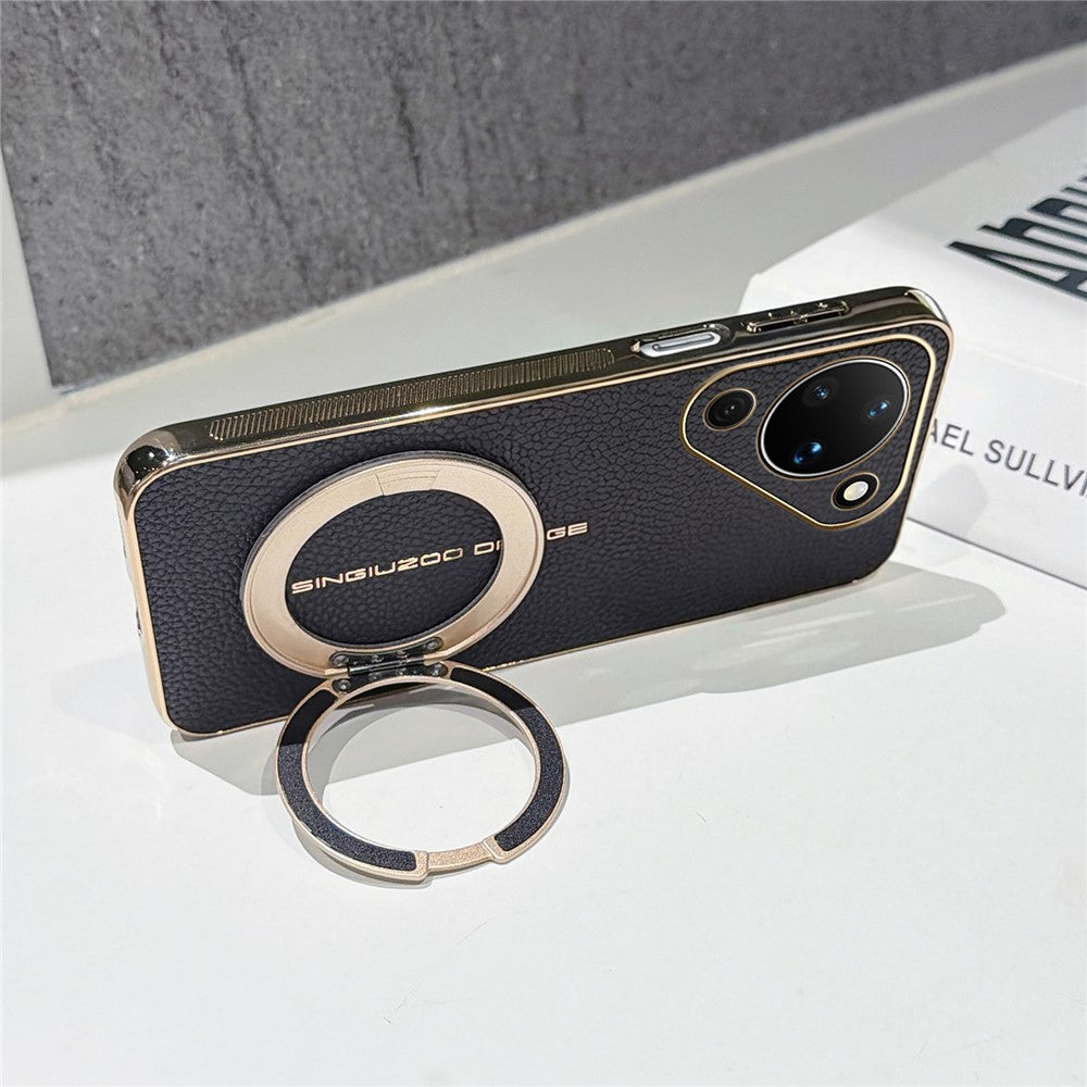 For Huawei Pura 90 Magnetic Case Litchi Pattern TPU PU Cover with Electroplated Metal Ring Kickstand