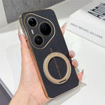 For Huawei Pura 90 Pro Max Magnetic Case Litchi Pattern TPU PU Cover with Electroplated Metal Ring Kickstand