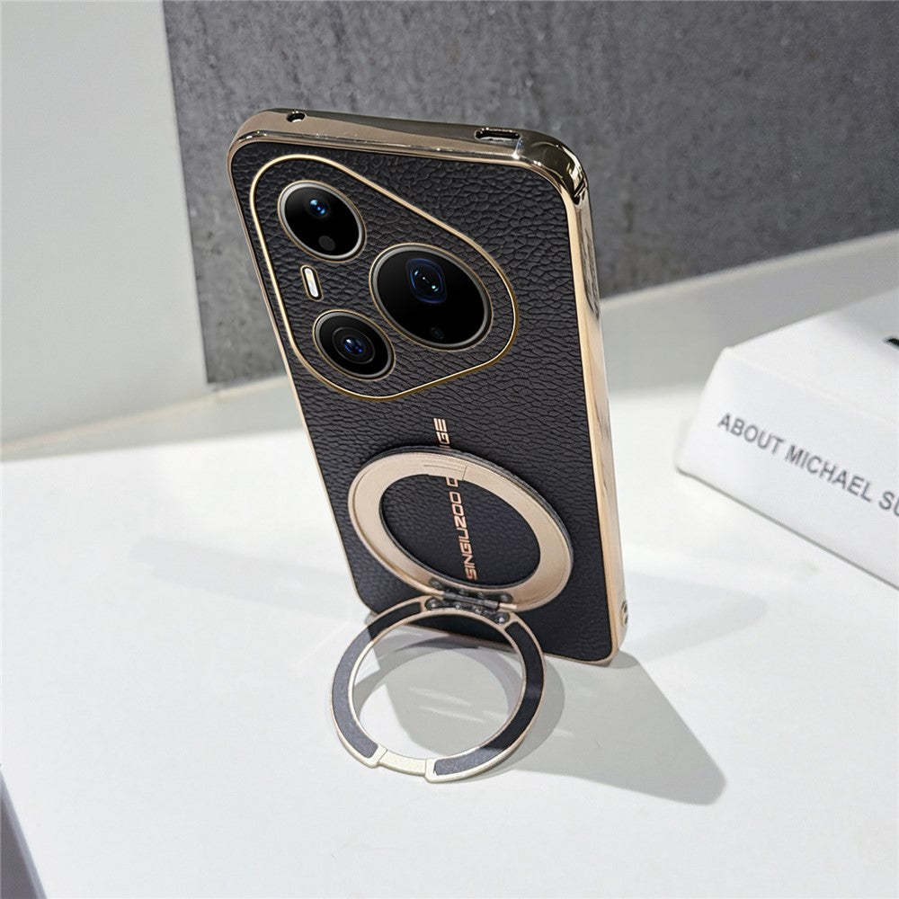 For Huawei Pura 90 Pro Max Magnetic Case Litchi Pattern TPU PU Cover with Electroplated Metal Ring Kickstand