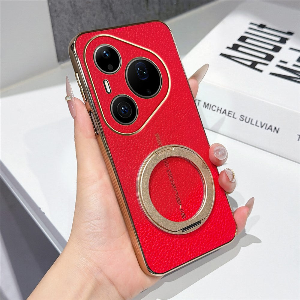 For Huawei Pura 90 Pro Max Magnetic Case Litchi Pattern TPU PU Cover with Electroplated Metal Ring Kickstand