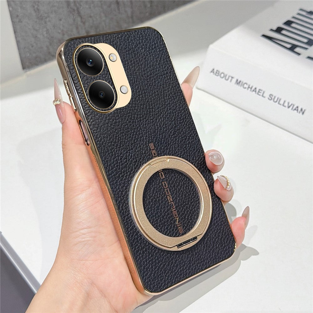 Xiaomi Redmi Turbo 5 Max 5G Magnetiskt Skal Litchi Mönster TPU PU Skal med Elektropläterad Metallring Stöd
