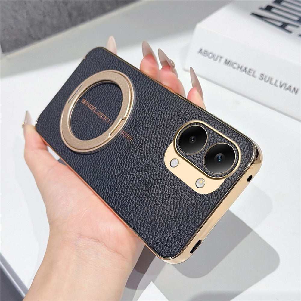 Xiaomi Redmi Turbo 5 Max 5G Magnetiskt Skal Litchi Mönster TPU PU Skal med Elektropläterad Metallring Stöd