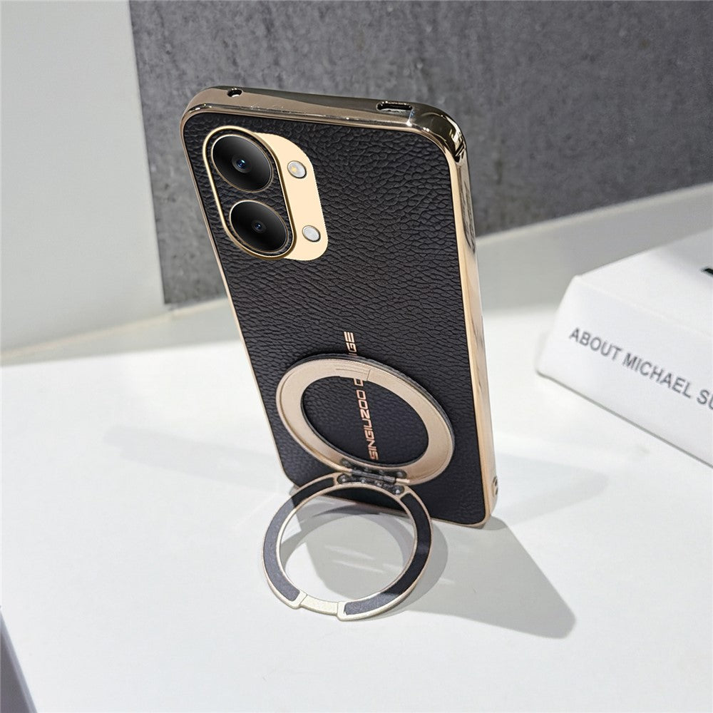 Xiaomi Redmi Turbo 5 Max 5G Magnetiskt Skal Litchi Mönster TPU PU Skal med Elektropläterad Metallring Stöd