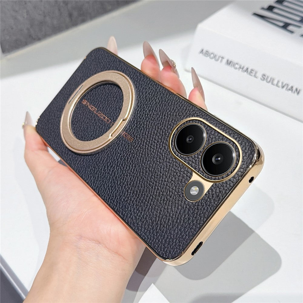 For Xiaomi Redmi Turbo 5 5G Magnetic Case Litchi Pattern TPU PU Cover with Electroplated Metal Ring Kickstand
