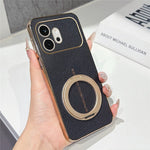 For Honor 600 5G Magnetic Case Litchi Pattern TPU PU Cover with Electroplated Metal Ring Kickstand