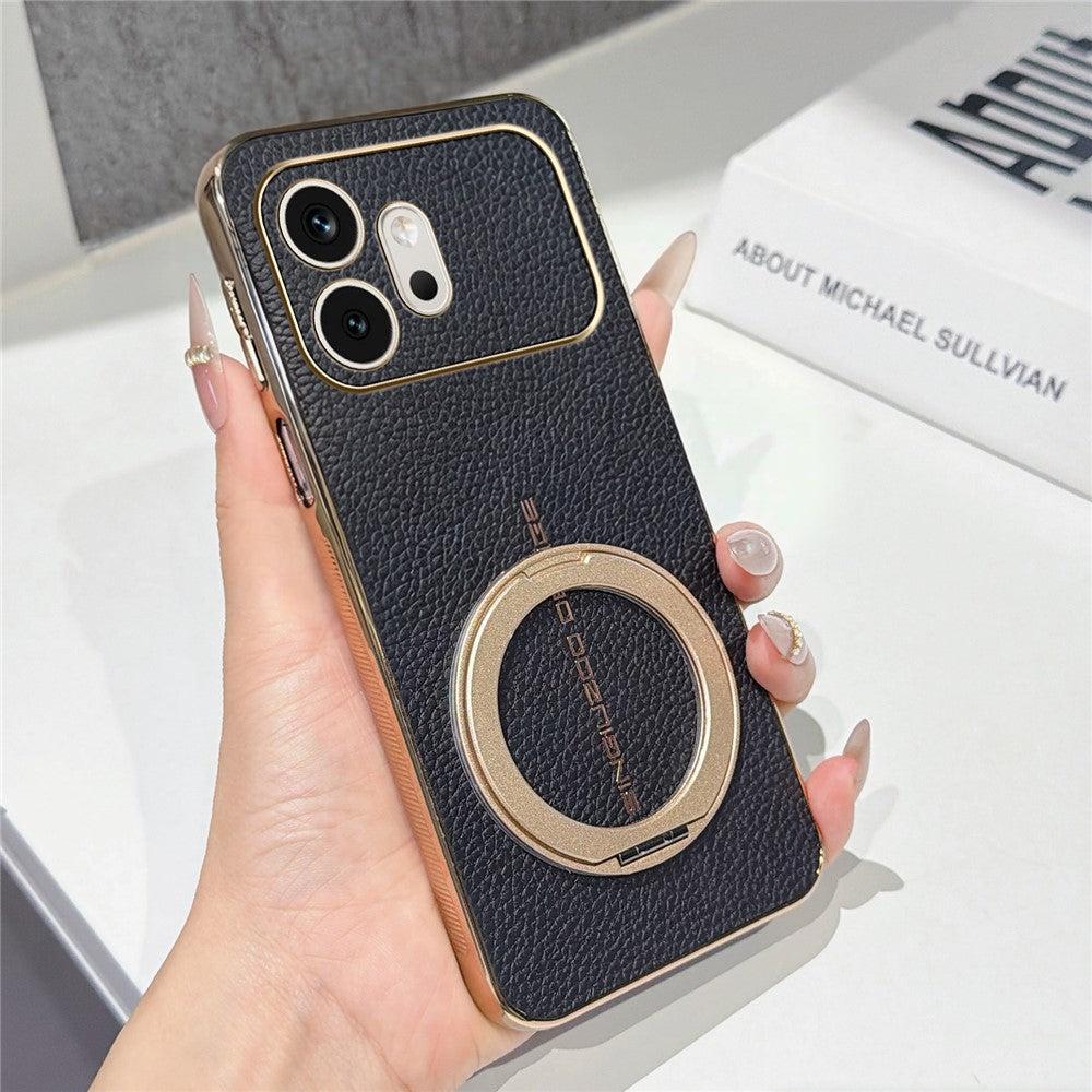 For Honor 600 5G Magnetic Case Litchi Pattern TPU PU Cover with Electroplated Metal Ring Kickstand