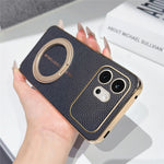 For Honor 600 5G Magnetic Case Litchi Pattern TPU PU Cover with Electroplated Metal Ring Kickstand
