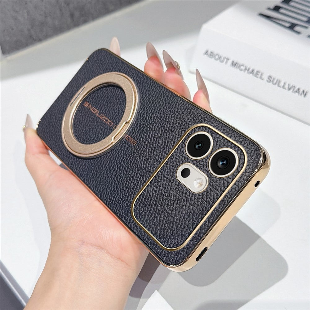 For Honor 600 5G Magnetic Case Litchi Pattern TPU PU Cover with Electroplated Metal Ring Kickstand