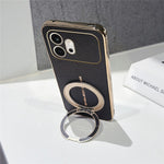 For Honor 600 5G Magnetic Case Litchi Pattern TPU PU Cover with Electroplated Metal Ring Kickstand