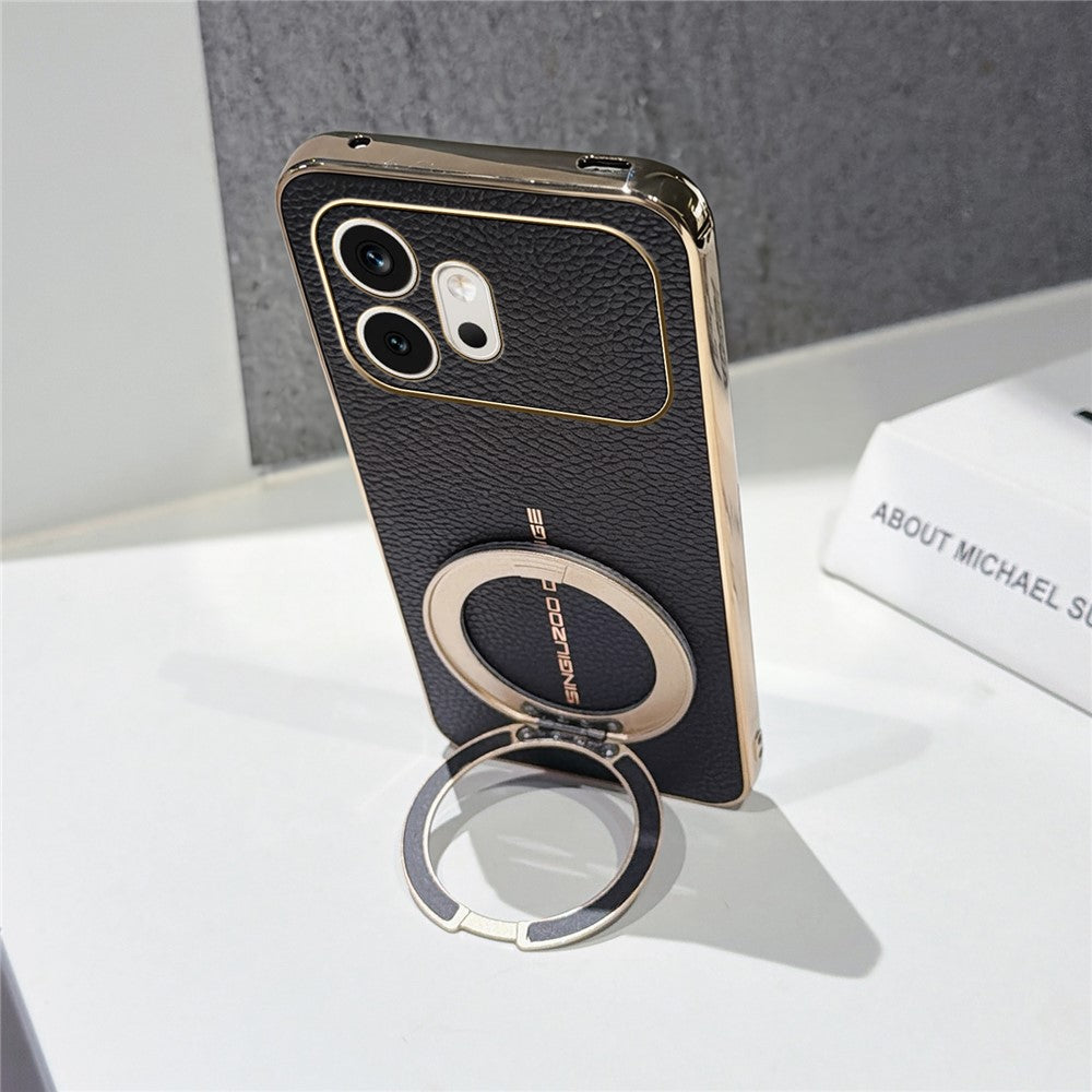For Honor 600 5G Magnetic Case Litchi Pattern TPU PU Cover with Electroplated Metal Ring Kickstand