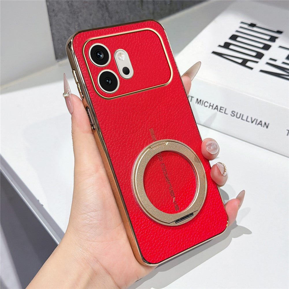 For Honor 600 5G Magnetic Case Litchi Pattern TPU PU Cover with Electroplated Metal Ring Kickstand