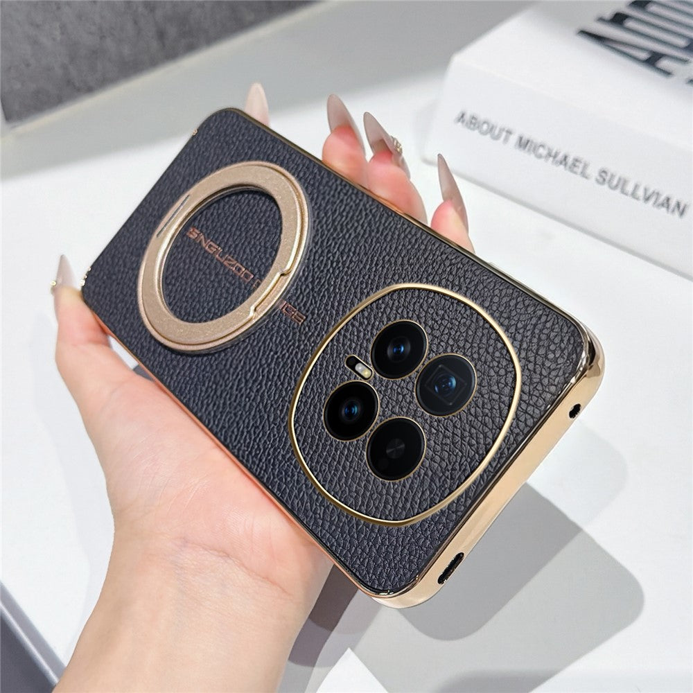 For Honor Magic8 5G Magnetic Case Litchi Pattern TPU PU Cover with Electroplated Metal Ring Kickstand