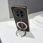 For Honor Magic8 5G Magnetic Case Litchi Pattern TPU PU Cover with Electroplated Metal Ring Kickstand