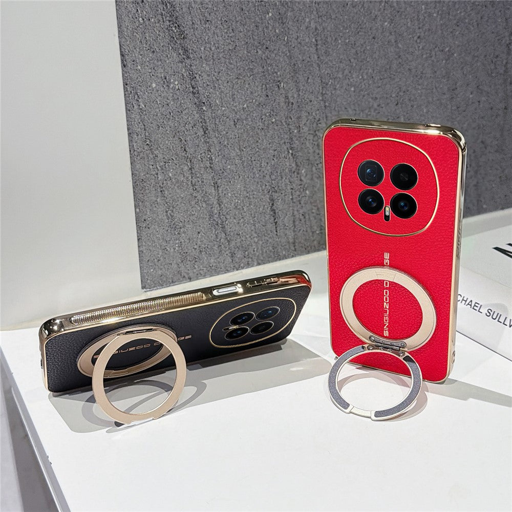 For Honor Magic8 5G Magnetic Case Litchi Pattern TPU PU Cover with Electroplated Metal Ring Kickstand