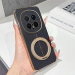 For Honor Magic8 Pro 5G Magnetic Case Litchi Pattern TPU PU Cover with Electroplated Metal Ring Kickstand