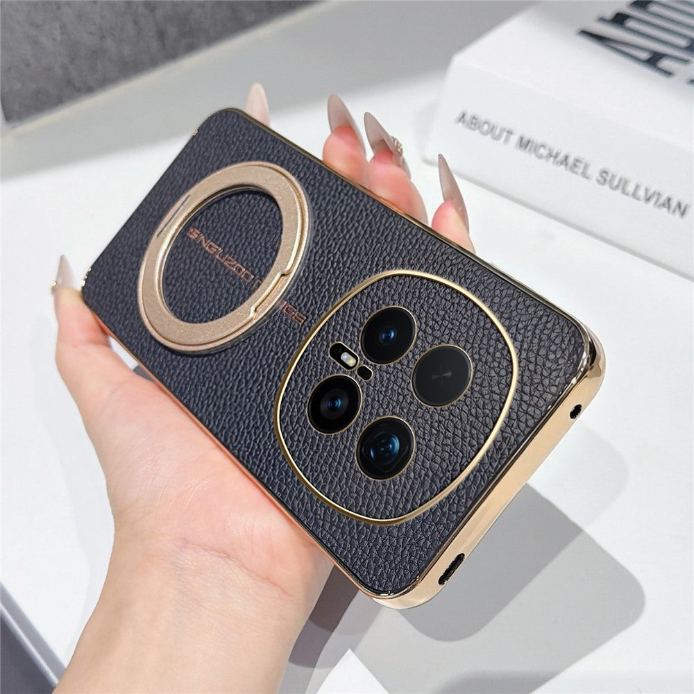 For Honor Magic8 Pro 5G Magnetic Case Litchi Pattern TPU PU Cover with Electroplated Metal Ring Kickstand