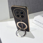 For Honor Magic8 Pro 5G Magnetic Case Litchi Pattern TPU PU Cover with Electroplated Metal Ring Kickstand