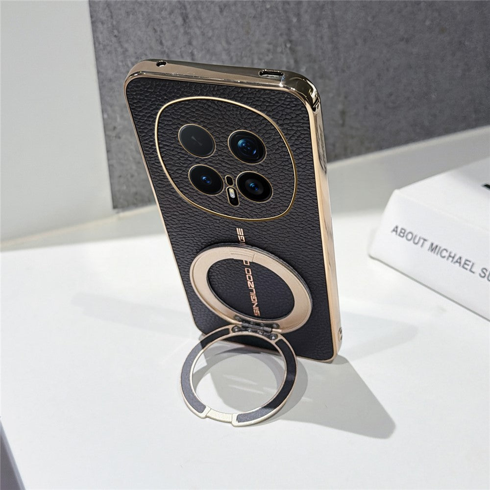 For Honor Magic8 Pro 5G Magnetic Case Litchi Pattern TPU PU Cover with Electroplated Metal Ring Kickstand