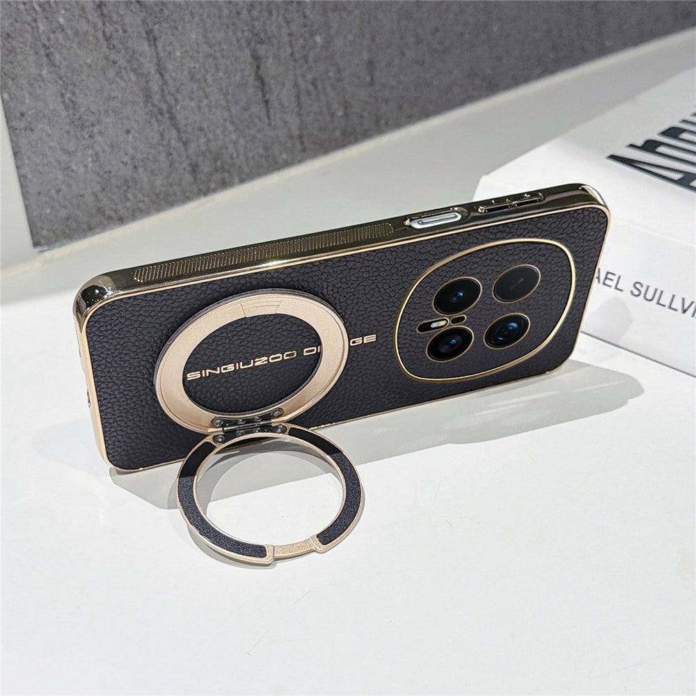 For Honor Magic8 Pro 5G Magnetic Case Litchi Pattern TPU PU Cover with Electroplated Metal Ring Kickstand