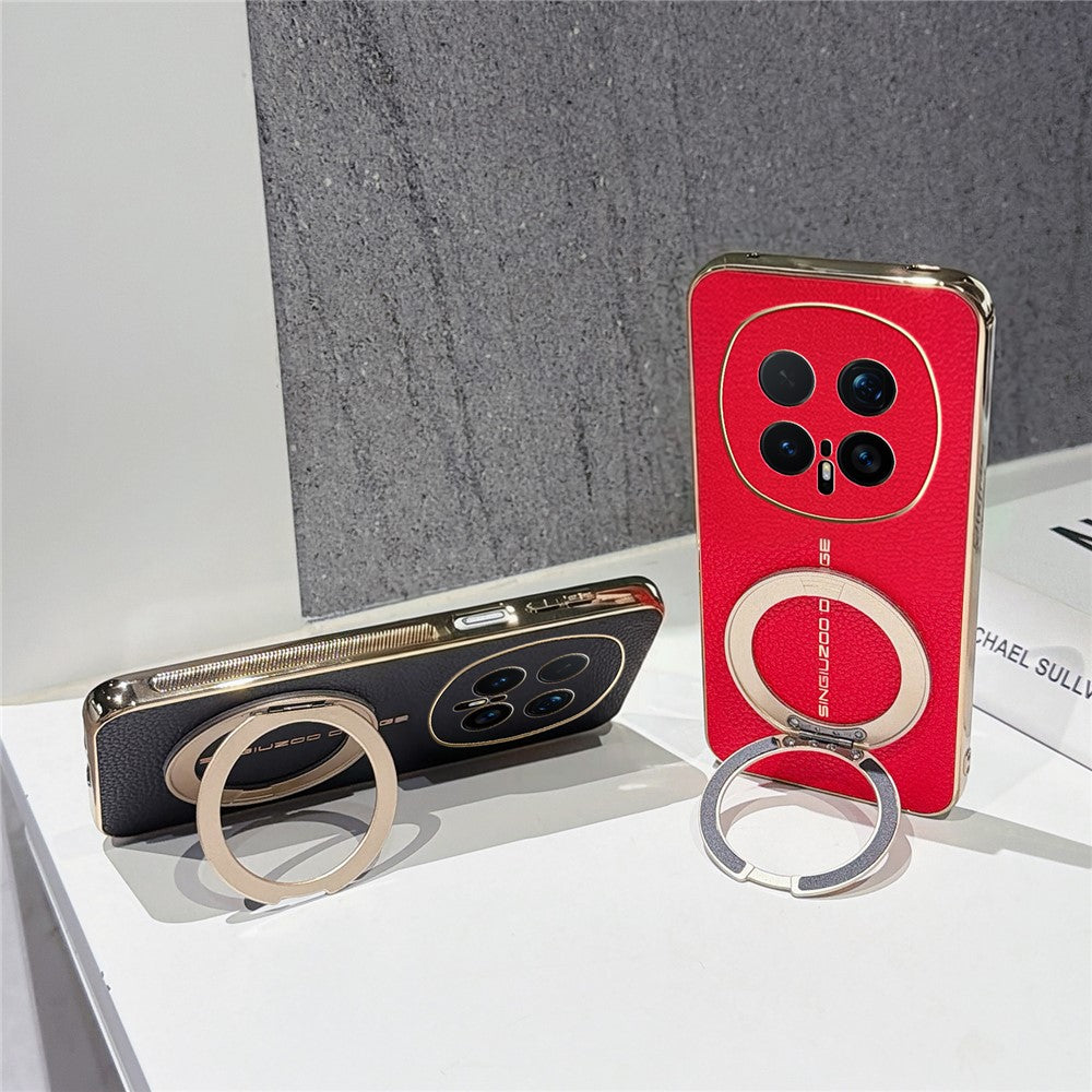 For Honor Magic8 Pro 5G Magnetic Case Litchi Pattern TPU PU Cover with Electroplated Metal Ring Kickstand
