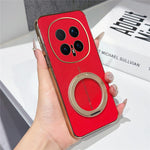 For Honor Magic8 Pro 5G Magnetic Case Litchi Pattern TPU PU Cover with Electroplated Metal Ring Kickstand