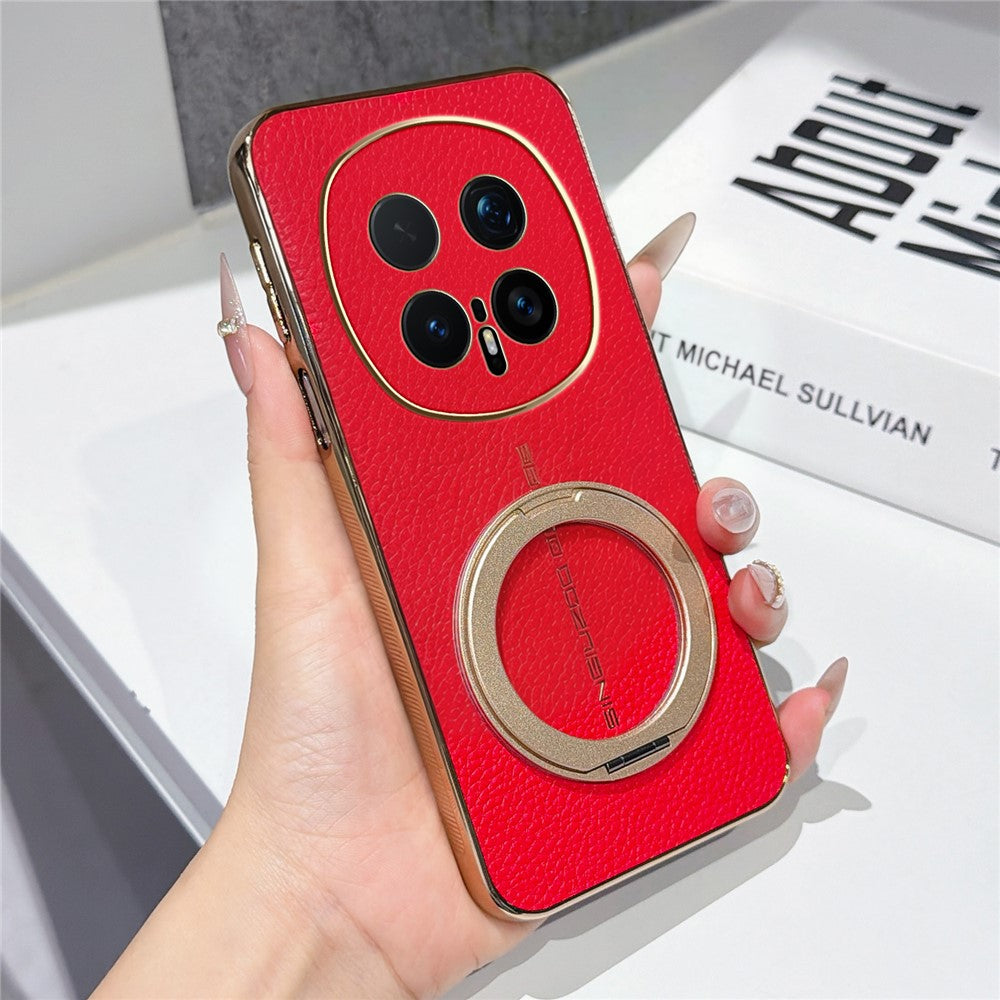 For Honor Magic8 Pro 5G Magnetic Case Litchi Pattern TPU PU Cover with Electroplated Metal Ring Kickstand