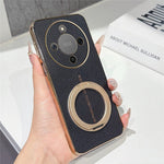 Magnetic Case For Honor Magic8 Lite 5G  /  X70 5G  /  X9d 5G Litchi Pattern TPU PU Cover with Electroplated Metal Ring Kickstand