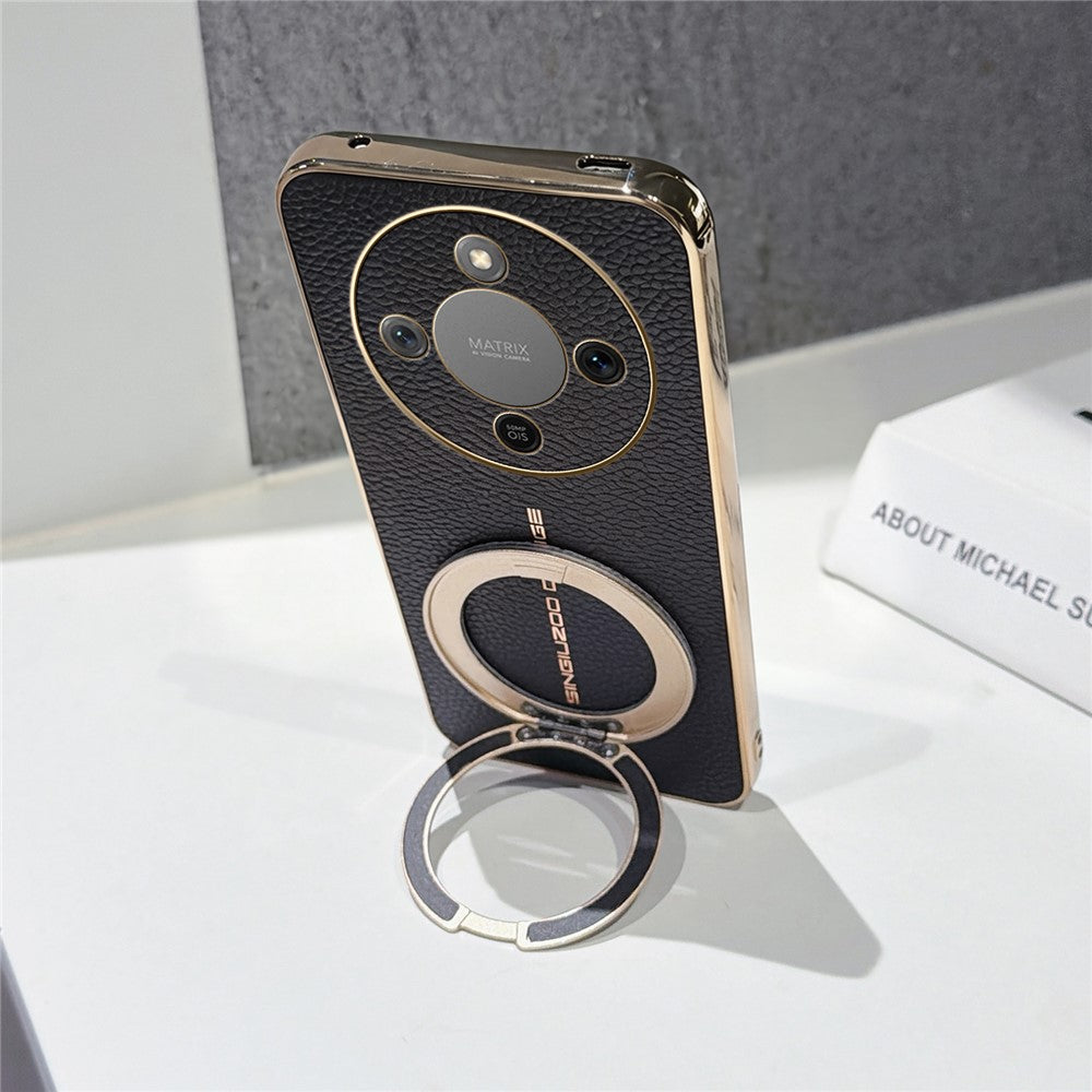 Magnetic Case For Honor Magic8 Lite 5G  /  X70 5G  /  X9d 5G Litchi Pattern TPU PU Cover with Electroplated Metal Ring Kickstand