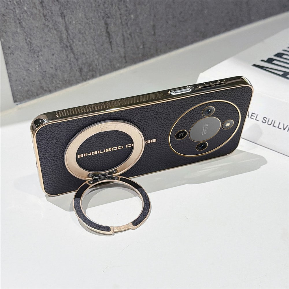 Magnetic Case For Honor Magic8 Lite 5G  /  X70 5G  /  X9d 5G Litchi Pattern TPU PU Cover with Electroplated Metal Ring Kickstand