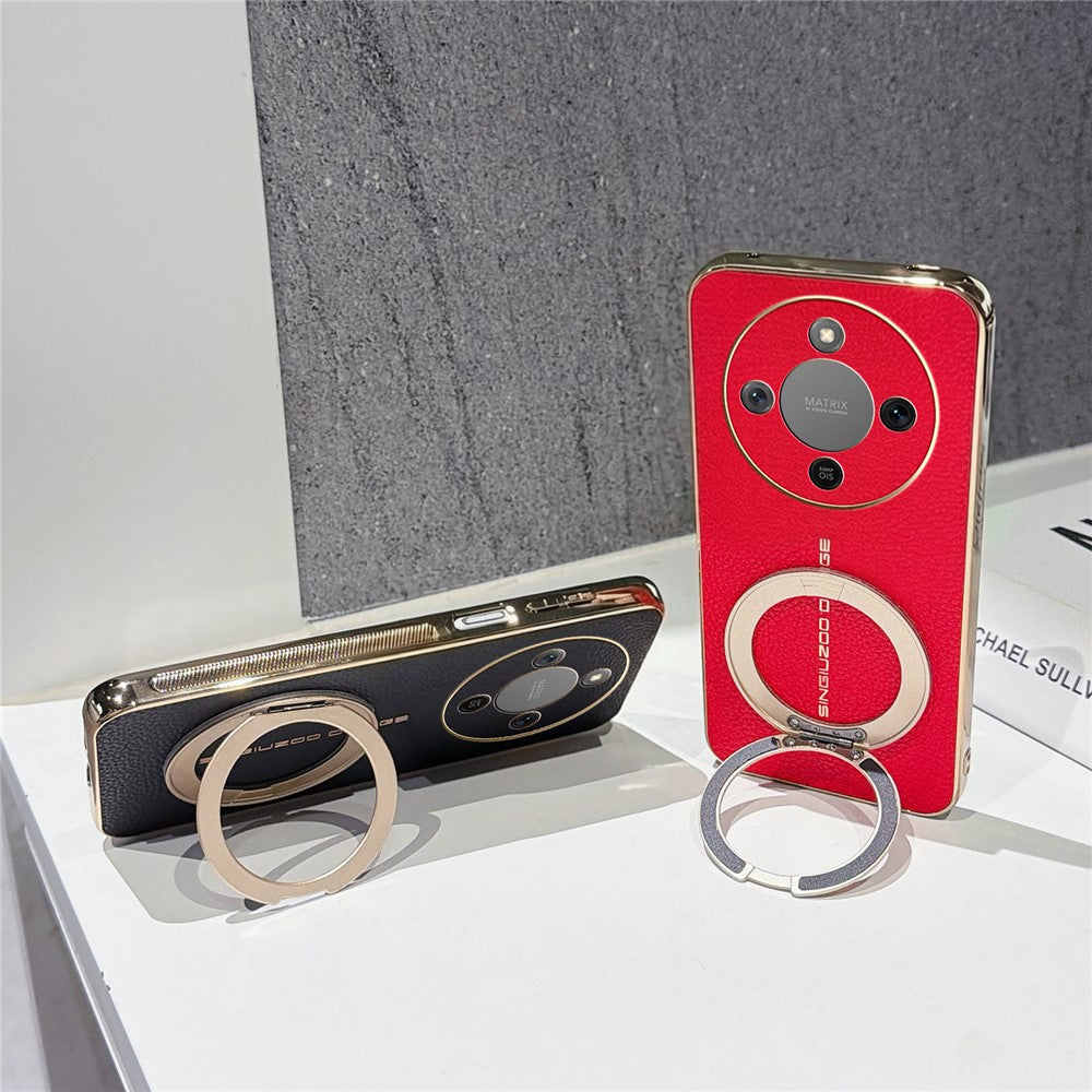 Magnetic Case For Honor Magic8 Lite 5G  /  X70 5G  /  X9d 5G Litchi Pattern TPU PU Cover with Electroplated Metal Ring Kickstand