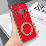 Magnetic Case For Honor Magic8 Lite 5G  /  X70 5G  /  X9d 5G Litchi Pattern TPU PU Cover with Electroplated Metal Ring Kickstand