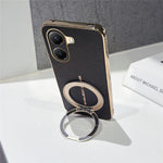 For Xiaomi Poco X7 Pro 5G Magnetic Case Litchi Pattern TPU PU Cover with Electroplated Metal Ring Kickstand