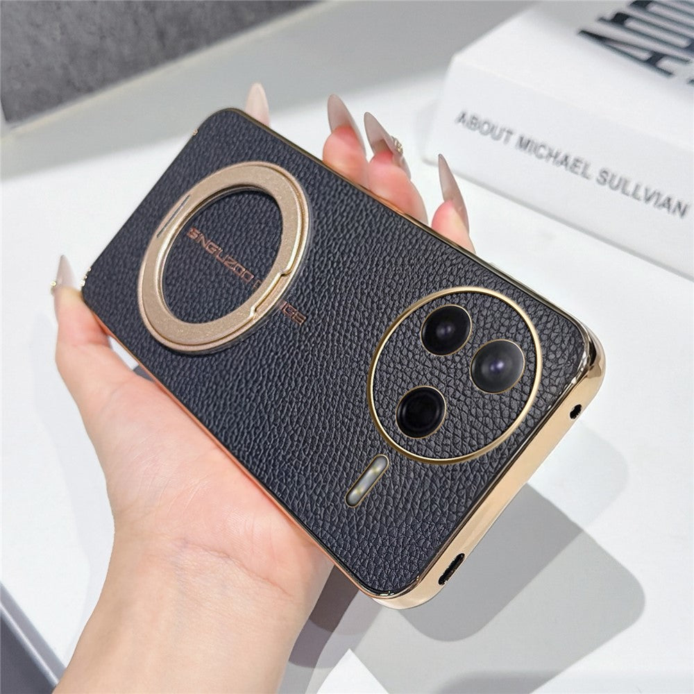 Magnetic Case For Xiaomi Poco F7 Pro 5G  /  Redmi K80 5G Litchi Pattern TPU PU Cover with Electroplated Metal Ring Kickstand