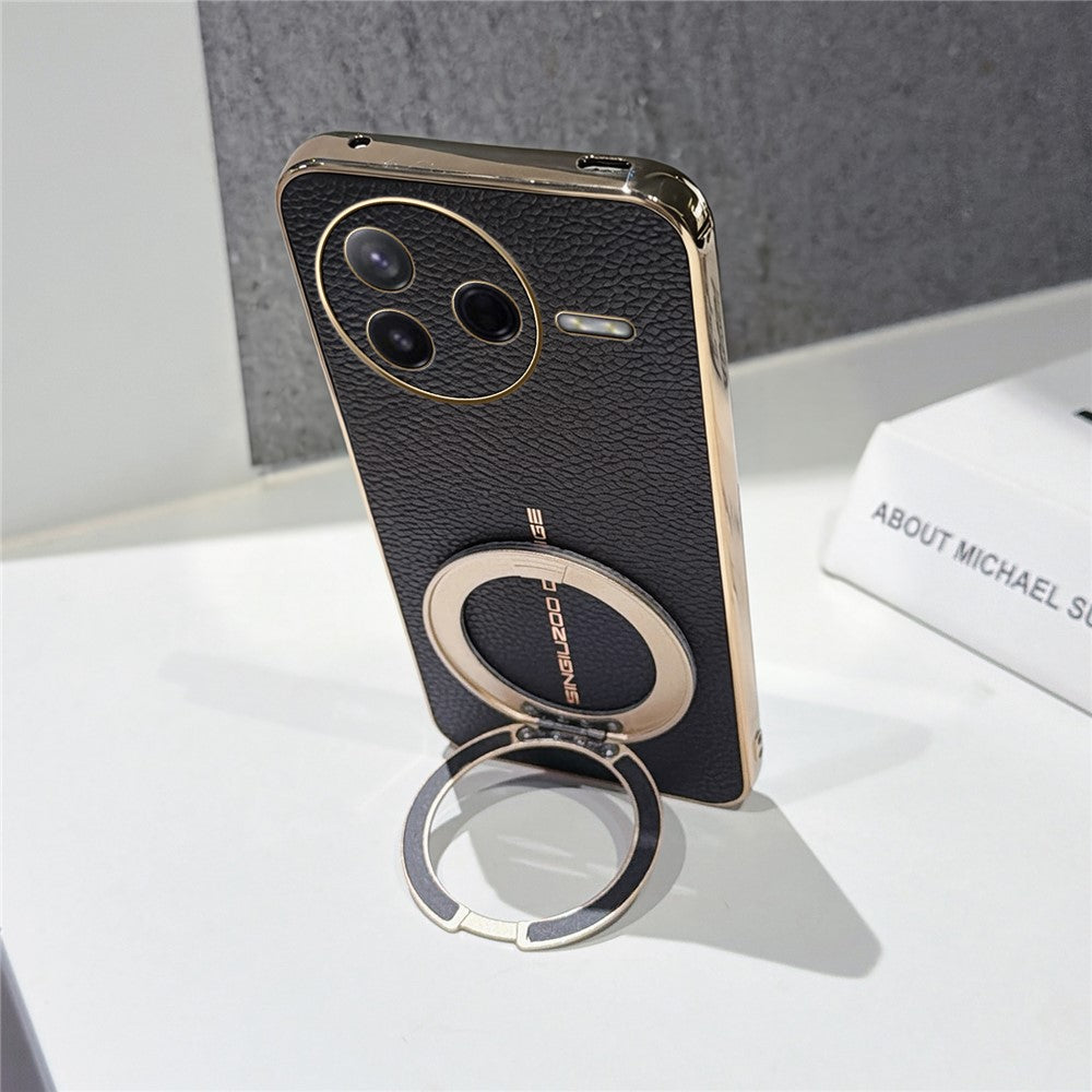 Magnetic Case For Xiaomi Poco F7 Pro 5G  /  Redmi K80 5G Litchi Pattern TPU PU Cover with Electroplated Metal Ring Kickstand
