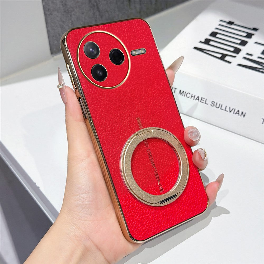 Magnetic Case For Xiaomi Poco F7 Pro 5G  /  Redmi K80 5G Litchi Pattern TPU PU Cover with Electroplated Metal Ring Kickstand
