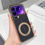 For Xiaomi 17 Pro Max Magnetic Case Litchi Pattern TPU PU Cover with Electroplated Metal Ring Kickstand