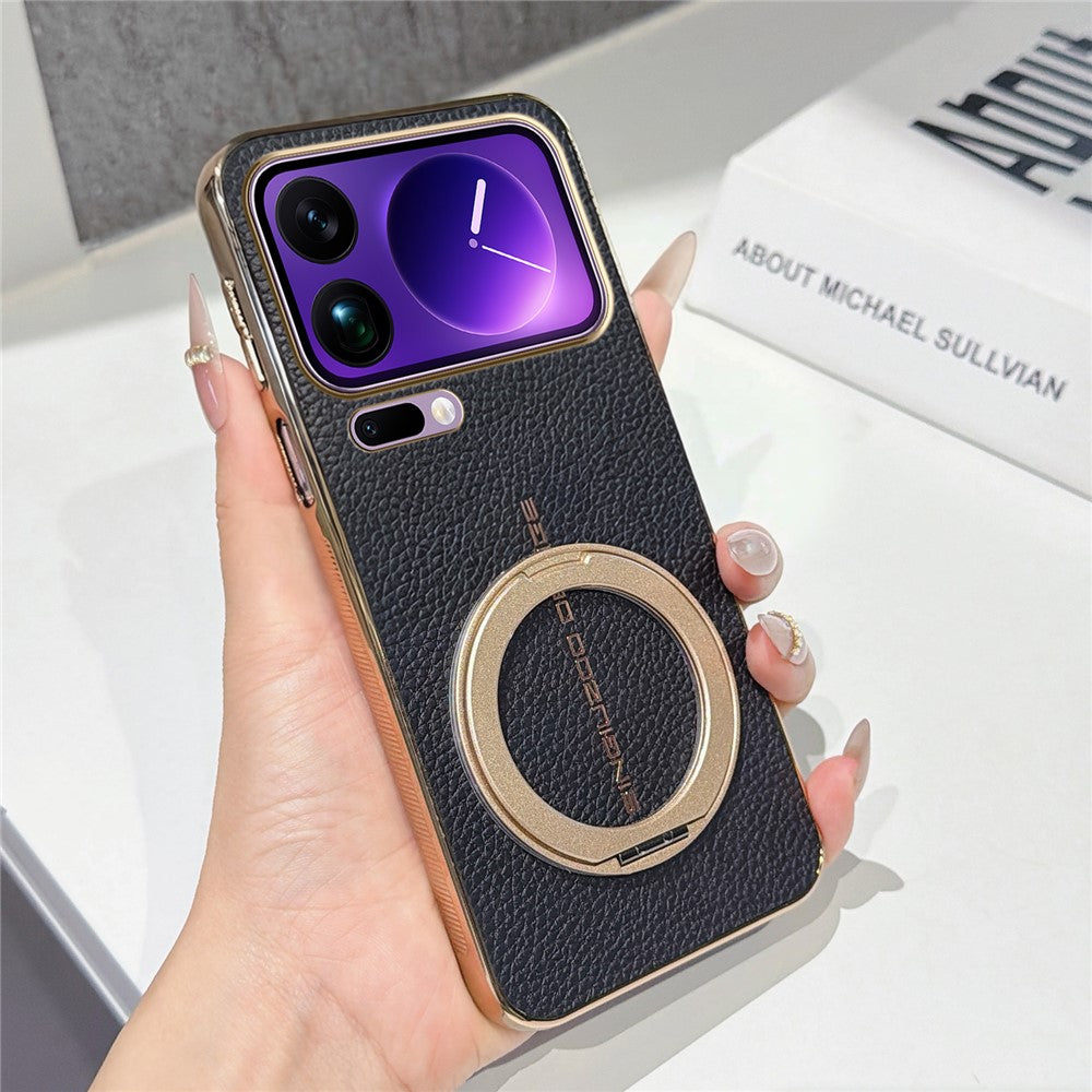 For Xiaomi 17 Pro Max Magnetic Case Litchi Pattern TPU PU Cover with Electroplated Metal Ring Kickstand