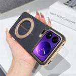 For Xiaomi 17 Pro Max Magnetic Case Litchi Pattern TPU PU Cover with Electroplated Metal Ring Kickstand