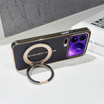 For Xiaomi 17 Pro Max Magnetic Case Litchi Pattern TPU PU Cover with Electroplated Metal Ring Kickstand