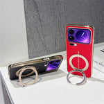 For Xiaomi 17 Pro Max Magnetic Case Litchi Pattern TPU PU Cover with Electroplated Metal Ring Kickstand