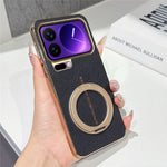 For Xiaomi 17 Pro Magnetic Case Litchi Pattern TPU PU Cover with Electroplated Metal Ring Kickstand