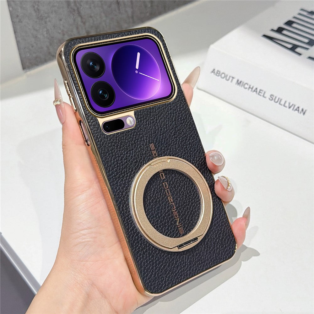 For Xiaomi 17 Pro Magnetic Case Litchi Pattern TPU PU Cover with Electroplated Metal Ring Kickstand