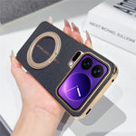 For Xiaomi 17 Pro Magnetic Case Litchi Pattern TPU PU Cover with Electroplated Metal Ring Kickstand