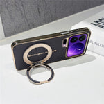 For Xiaomi 17 Pro Magnetic Case Litchi Pattern TPU PU Cover with Electroplated Metal Ring Kickstand
