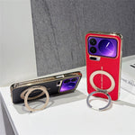 For Xiaomi 17 Pro Magnetic Case Litchi Pattern TPU PU Cover with Electroplated Metal Ring Kickstand