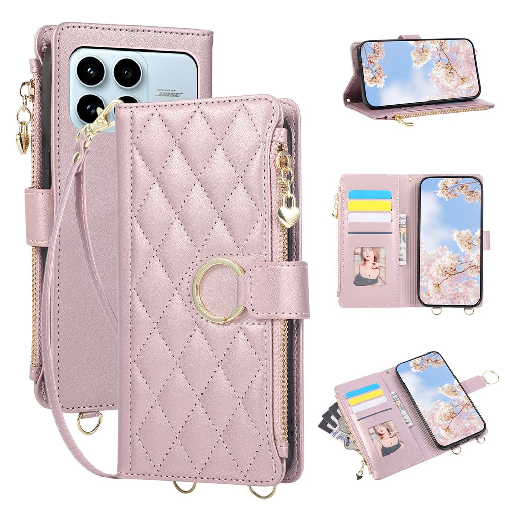 For Xiaomi Redmi K90 5G / Poco F8 Pro 5G Case Magnetic Ring Buckle Zipper Pocket Rhombic Leather Phone Cover with Wrist Strap