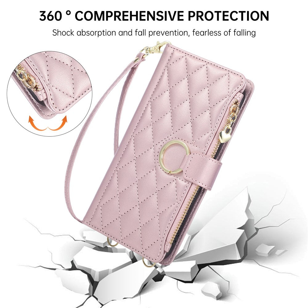 For Xiaomi Redmi K90 5G / Poco F8 Pro 5G Case Magnetic Ring Buckle Zipper Pocket Rhombic Leather Phone Cover with Wrist Strap