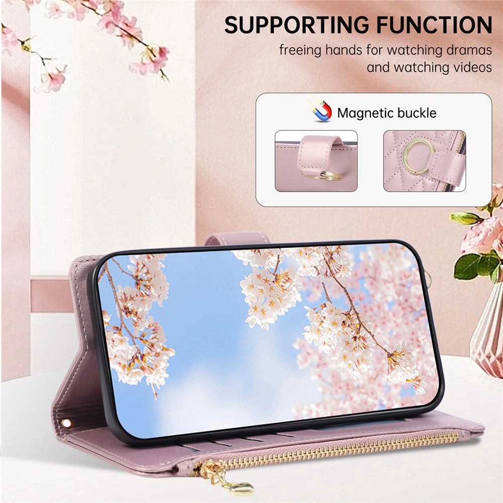 For Xiaomi Redmi K90 5G / Poco F8 Pro 5G Case Magnetic Ring Buckle Zipper Pocket Rhombic Leather Phone Cover with Wrist Strap